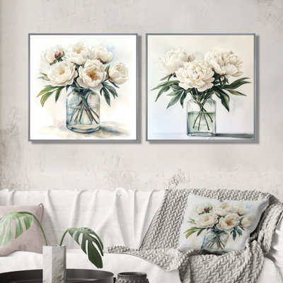 Minimalisme pivoines dans un vase en verre I - pivoines, art mural - ensemble de 2 décorations murales traditionnelles