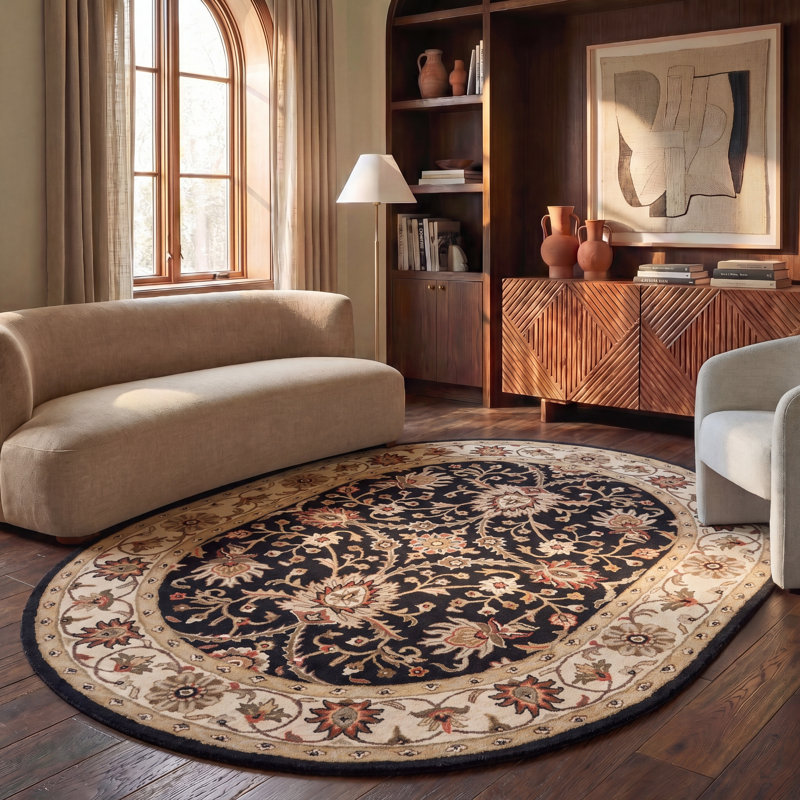 Tapis oriental beige / brun / noir en laine / coton / latex touffeté à la main Dunbar, Ovale 7 pi 6 po x 9 pi 6 po
