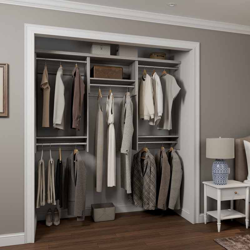 Grey Oak  94.5" Wall-Mounted Single Wall Closet System with 3 Sections, 5 Clothing Rods & 1 Shelf, 94.5, Grey Oak