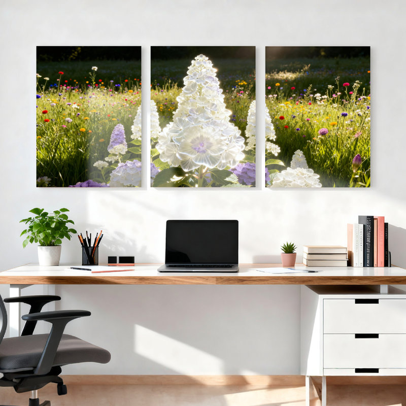 «White Delphinium Floral Meadow», reproduction d'art sur toile tendue sur toile (ensemble de 3), H 18 po x l 36 po