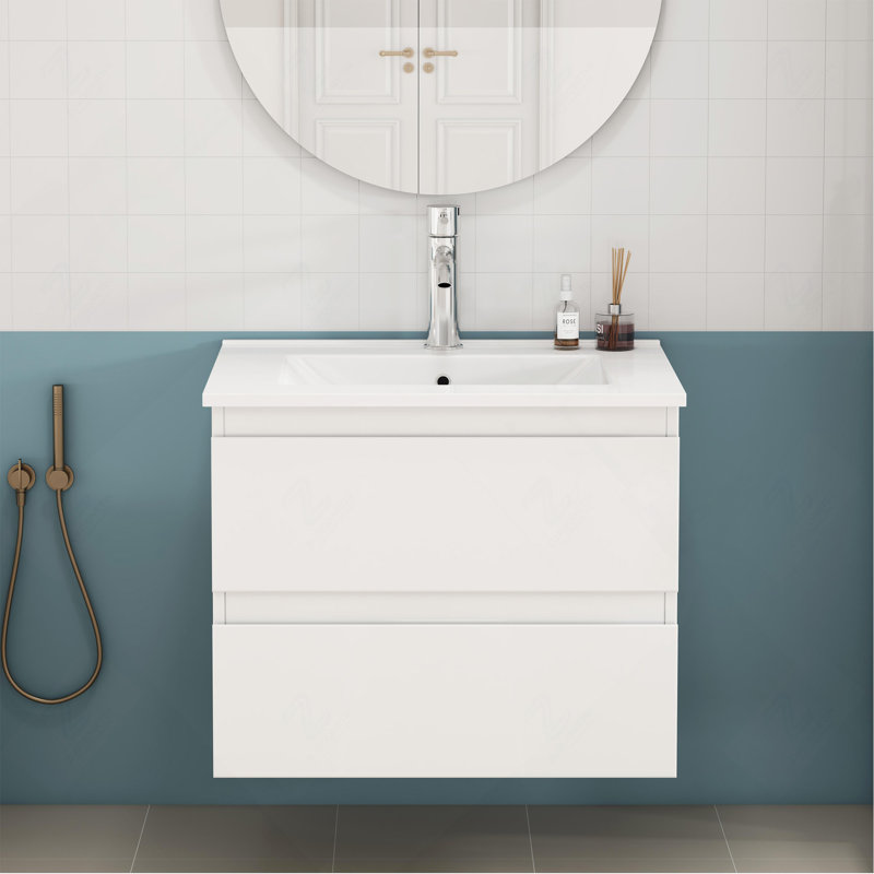Meuble-lavabo blanc lustré sans poignée de 24 po avec lavabo intégré et 2 grands tiroirs à fermeture en douceur