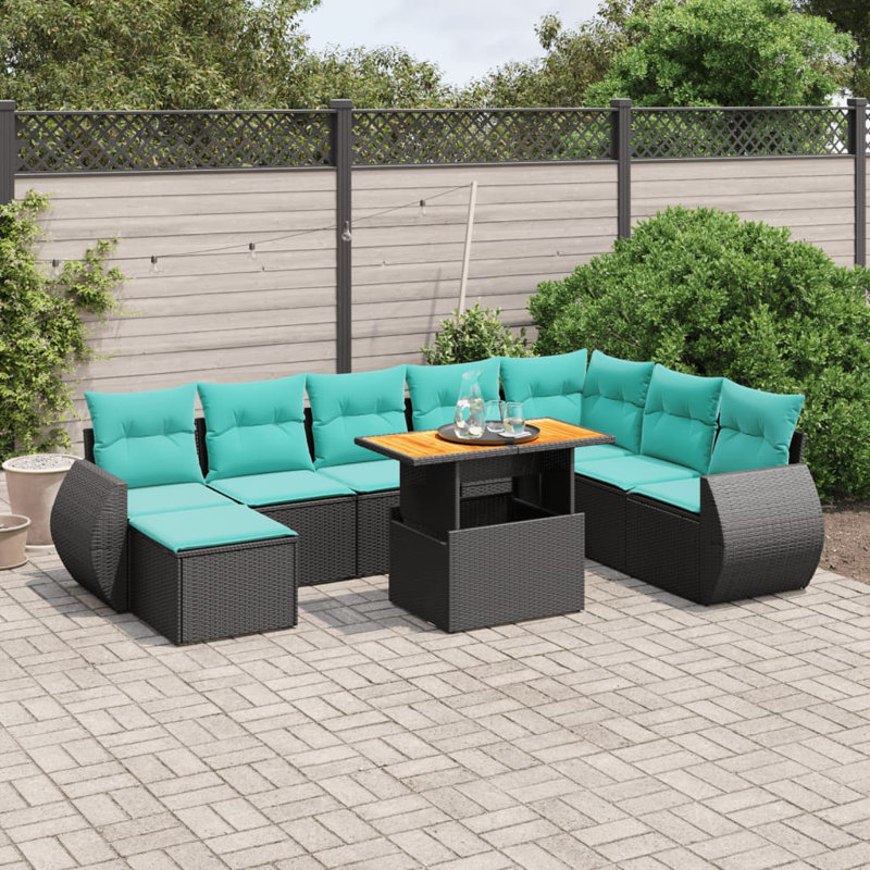  Ensemble de canapé de patio 9 pièces avec coussins en rotin de polyester, Noir, Vert