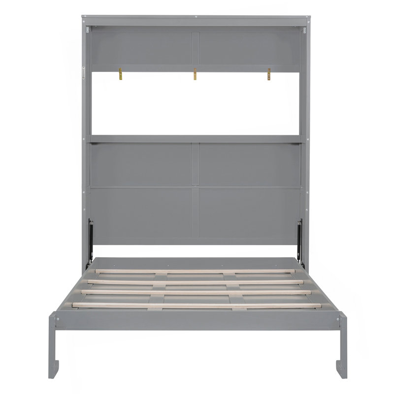 Grand lit escamotable mural avec tablettes, gris