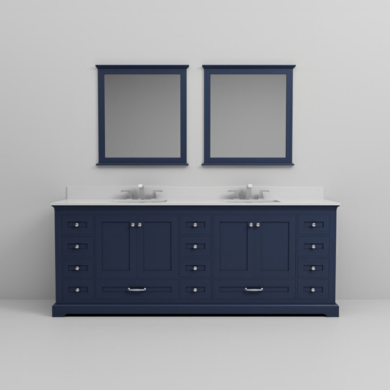 Meuble-lavabo double bleu marine l 84 po x P 22 po, comptoir en quartz blanc, ensemble de robinets et miroirs de 34 po