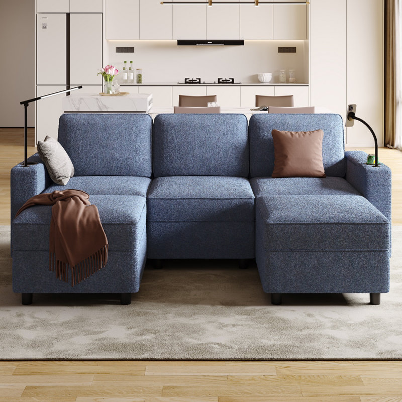 Canapé modulaire en U rembourré 6 pièces avec rangement 6 pièces, Mélange de polyester bleu marine