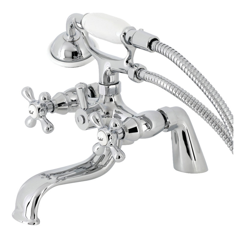 Kingston Brass Kingston Three-Handle 2-Hole Deck Mount Clawfoot Tub Faucet with Handshower, Polished Chrome