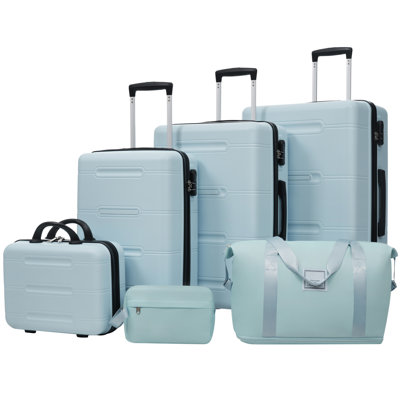 Ensemble de bagage 6 pièces, valise rigide avec double roulettes à poignée verrouillable, étui à cosmétiques 14 po, bagage 20/24/28 po avec sac de voyage et trousse de toilette
