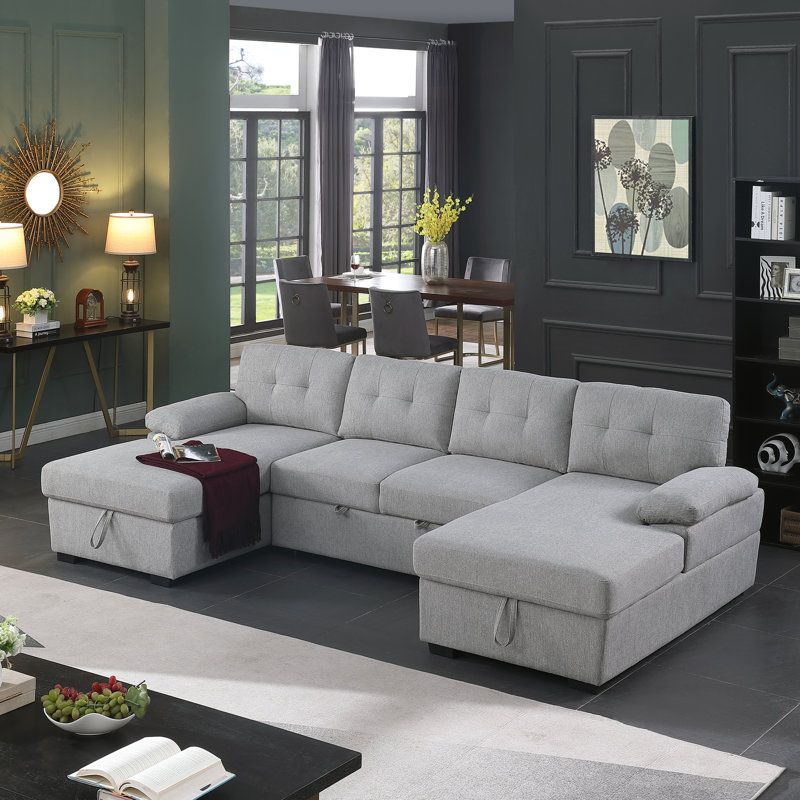 Canapé-lit modulaire rembourré et méridienne Micia, 100 % polyester gris clair