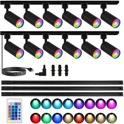 Bravsekai 16-Color RGB Black GU10 Track Lighting Kit, 12PCS 10W Plug-in Multi-Color Ceiling Spotlight with 4 x 3.28FT H-Type Track Rails and IR Remote Control for Party & Home Decor