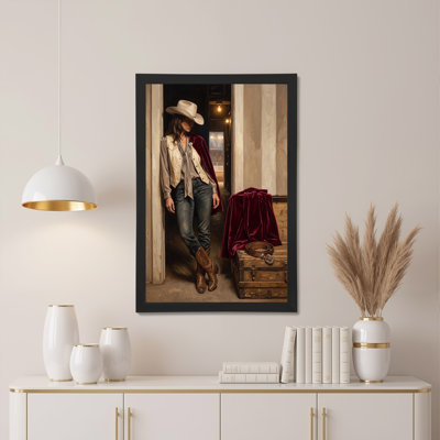 Cowgirl in White Hat and Red Cape Next to Wooden Trunk Canvas Wall Art