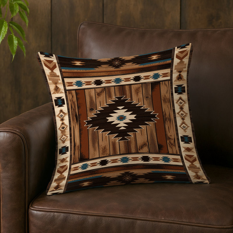 Coussin décoratif intérieur et extérieur d'inspiration rustique en cuir style cow-boy Southwestern, Carré 20 po