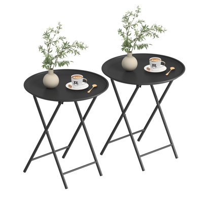 Table d'appoint pliante pour télévision, table ronde en métal, table de salle à manger avec cadre en métal, table d'appoint moderne pour l'extérieur, idéale pour le salon, la chambre, la terrasse et les petits espaces (noir/lot de 2)