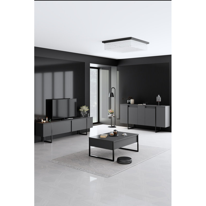 Modern Living Room Furniture Set (3 Pieces) | Anthracite & Black | Console (63.0 x 13.8 x 31.5 in), TV Stand (70.9 x 11.8 x 19.7 in), Coffee Table (35.4 x 23.6 x 15.7 in) | 100% Melamine Coated Particle Board, Metal Legs | Stylish Industrial Design