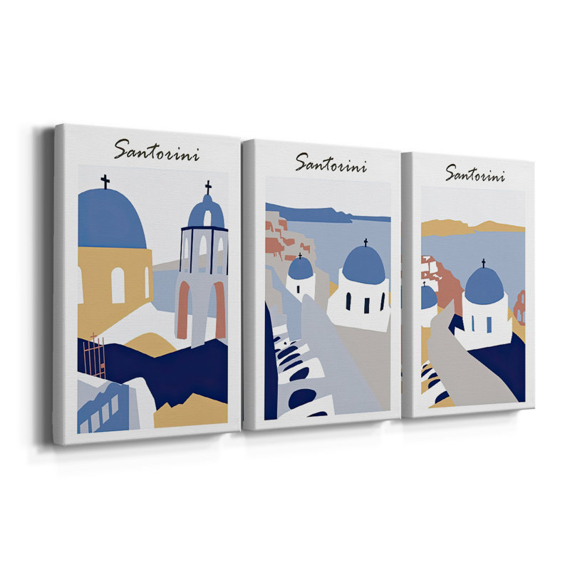 Santorini Grèce I, toile tendue sur mesure - 3 pièces, H 12 po x l 24 po