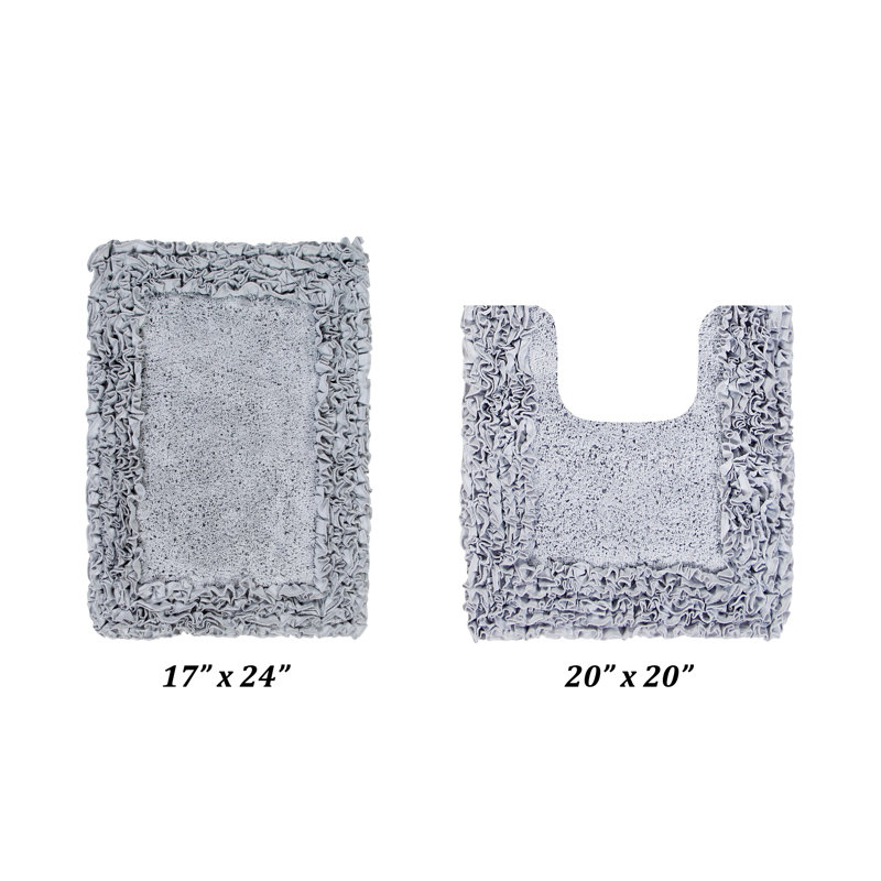 Ensemble de tapis de bain 100% coton 1775 g / m² 2 pièces Courson Premium, certifié OEKO-TEX®, envers en latex antidérapant, motif de volants touffetés moelleux, super absorbant, tapis de salle de bain lavables à la machine, argent