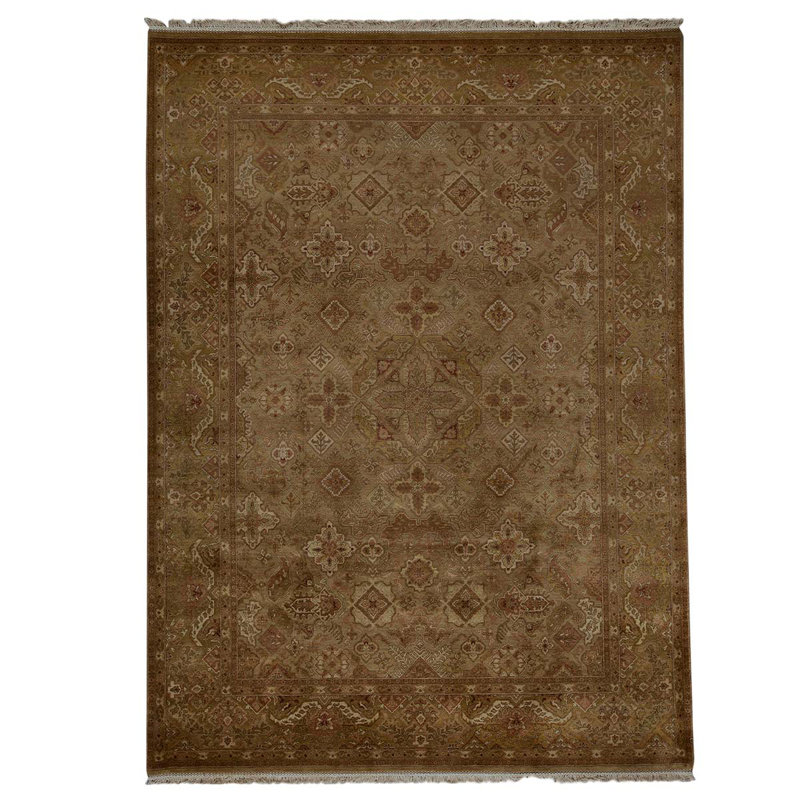 Tapis brun / olive noué à la main de conception unique 9 pi 2 po x 12 pi 4 po