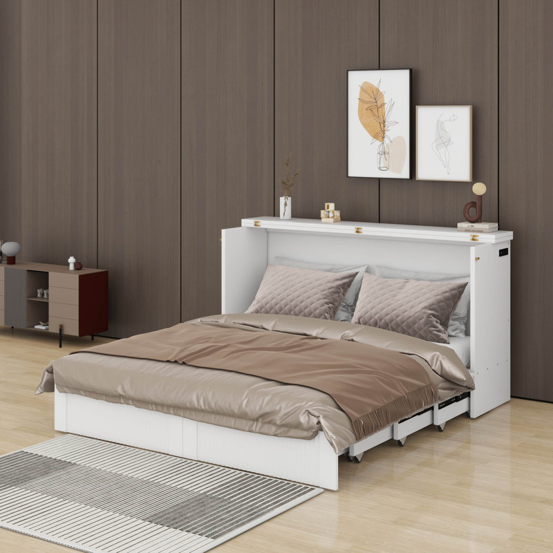 Lit escamotable avec tiroir et ensemble de prises et ports USB, structure de poulie, Blanc, Grand lit