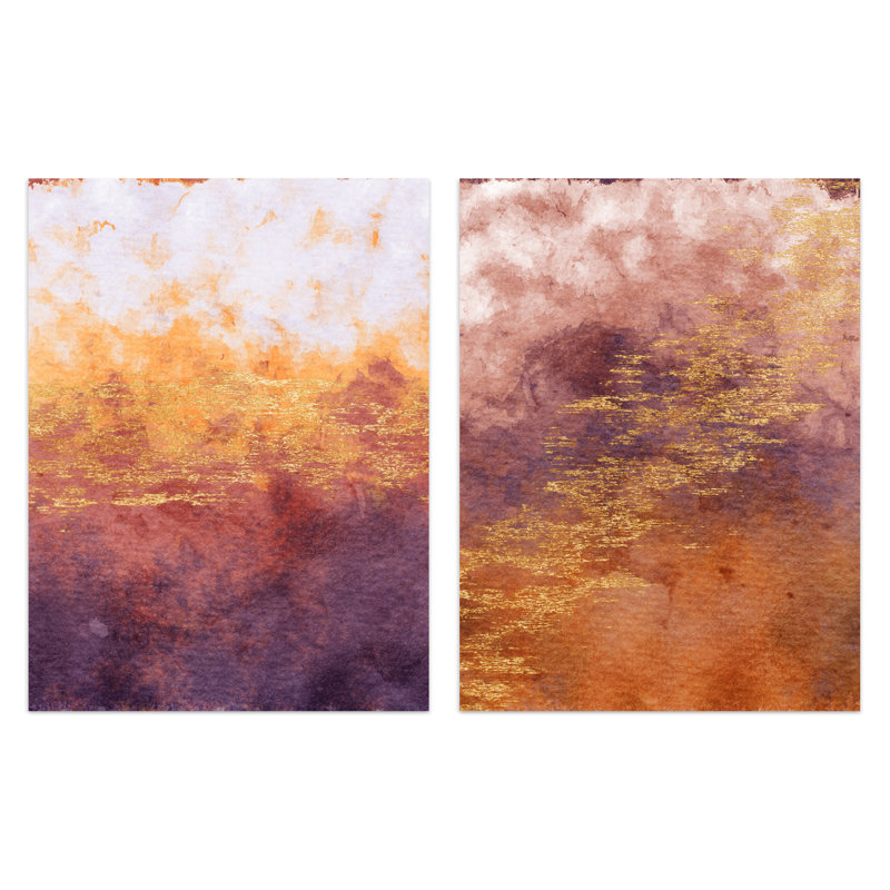Abstract Orange Purple And Gold 2-Piece Set Unframed Wall Art Prints Living Room Aesthetic Vein Mineral