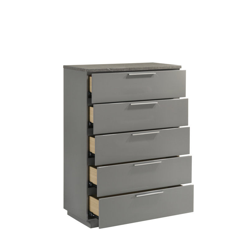 Commode Elara - Finition bicolore très brillante en marbre et laque avec tiroirs spacieux et pieds en métal - Gris