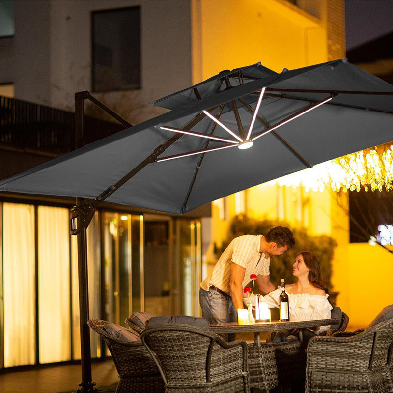 Gray 10 x 13 FT Cantilever Outdoor Patio Umbrella with LED Lights