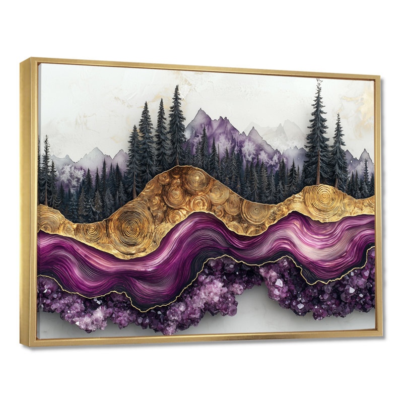 Forêt, rivière, améthyste, cristal I - forêt, art mural sur toile, H 30 po x l 40 po, Cadre flottant, Doré