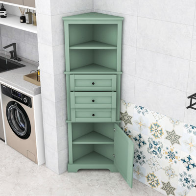 Triangle Bathroom Corner Cabinet with Adjustable Shelves, Triangle Drawers and Enclosed Storage