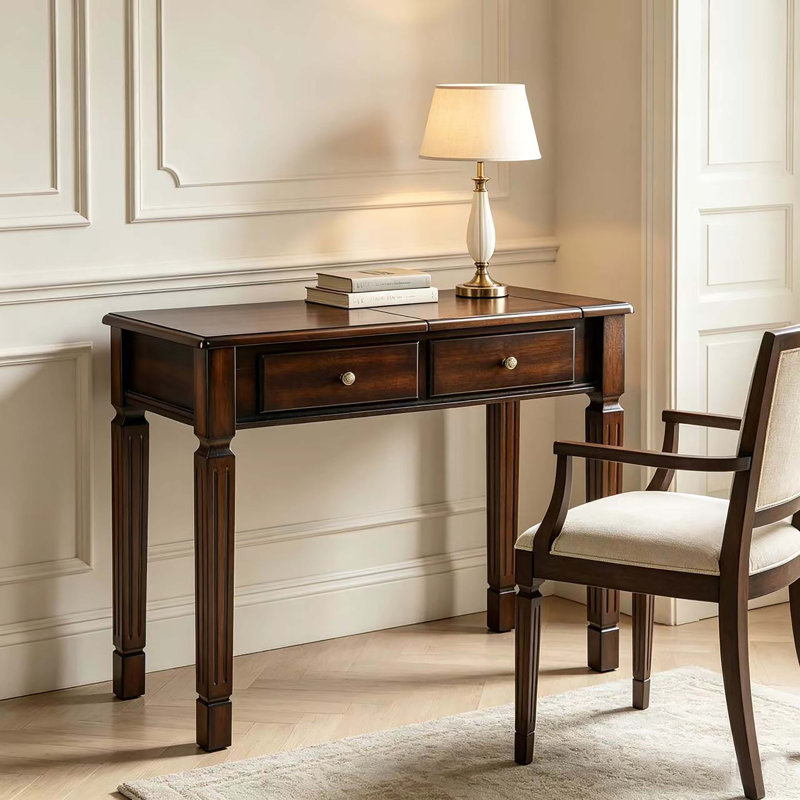 Meuble-lavabo et bureau rétro en bois massif avec miroir rabattable et tiroirs de rangement, Dark Brown