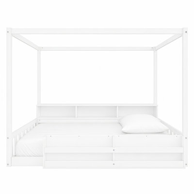 Lit double Montessori avec clôture et garde-corps, cadre de lit pour enfant avec bibliothèque intégrée et tablettes de rangement, lit à baldaquin en bois avec lattes pour garçon, blanc