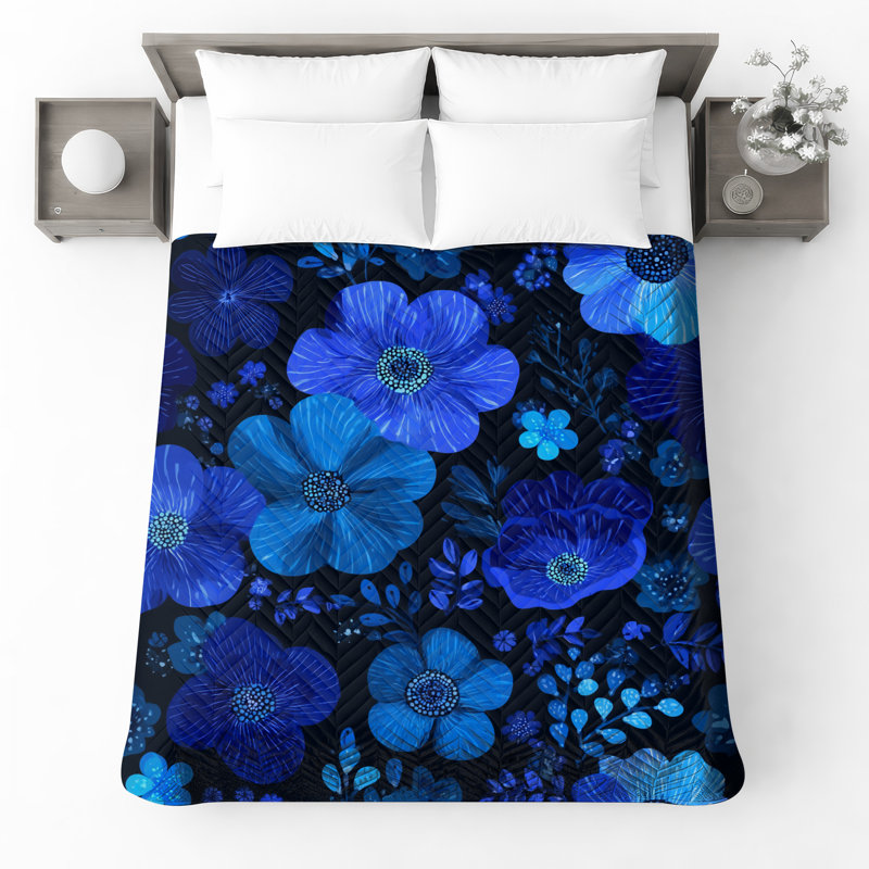 Couvre-lit matelassé à motif floral bleu , Très grand lit