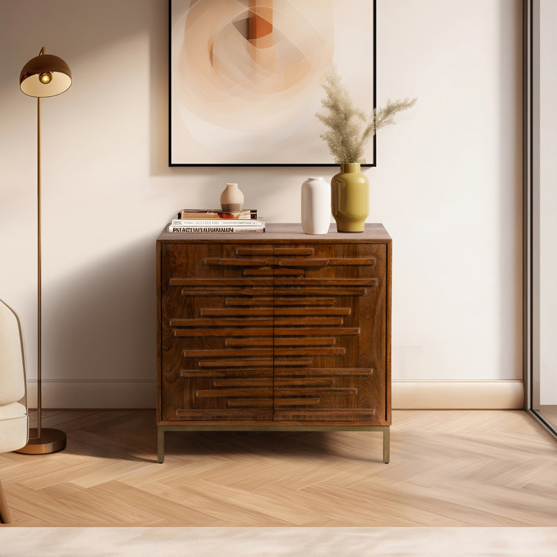 Mango Wood Cabinet Modern Design Carved Front Detailing Bold Contemporary Style, 30" H x 30" W x 15" D