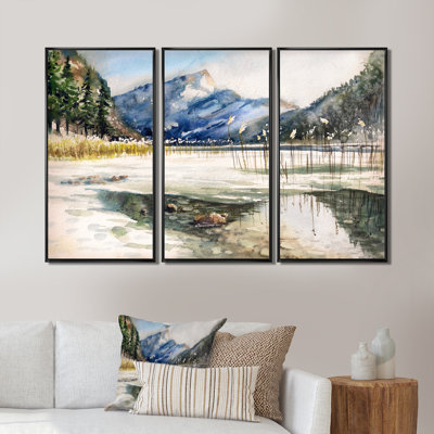 Lac avec paysage de montagne - peinture sur toile 3 pièces