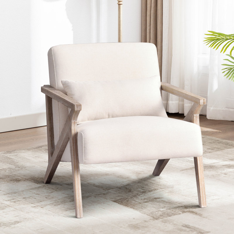 26.8" Wide Upholstered Linen Blend Accent Chair With Wooden Legs And Pillow, Cream