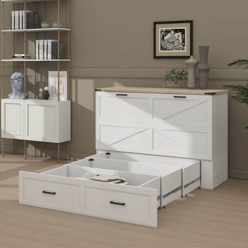 Grand lit escamotable style ferme avec station de charge, lit plateforme pliable avec tiroir de rangement spacieux, Blanc