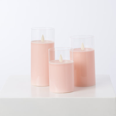 Moving Flameless LED Pink Glass Pillar Candles with Remote - Set of 3