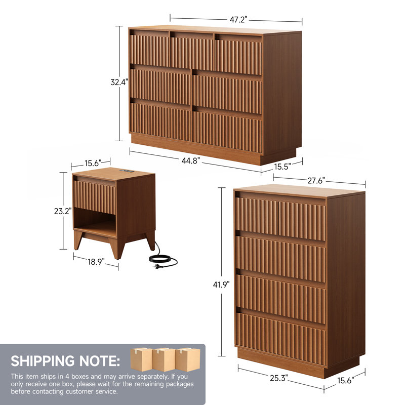 Ensemble de chambre à coucher Stanton 4 pièces, commode à 7 tiroirs, commode à 5 tiroirs et 2 tables de chevet, Light Walnut