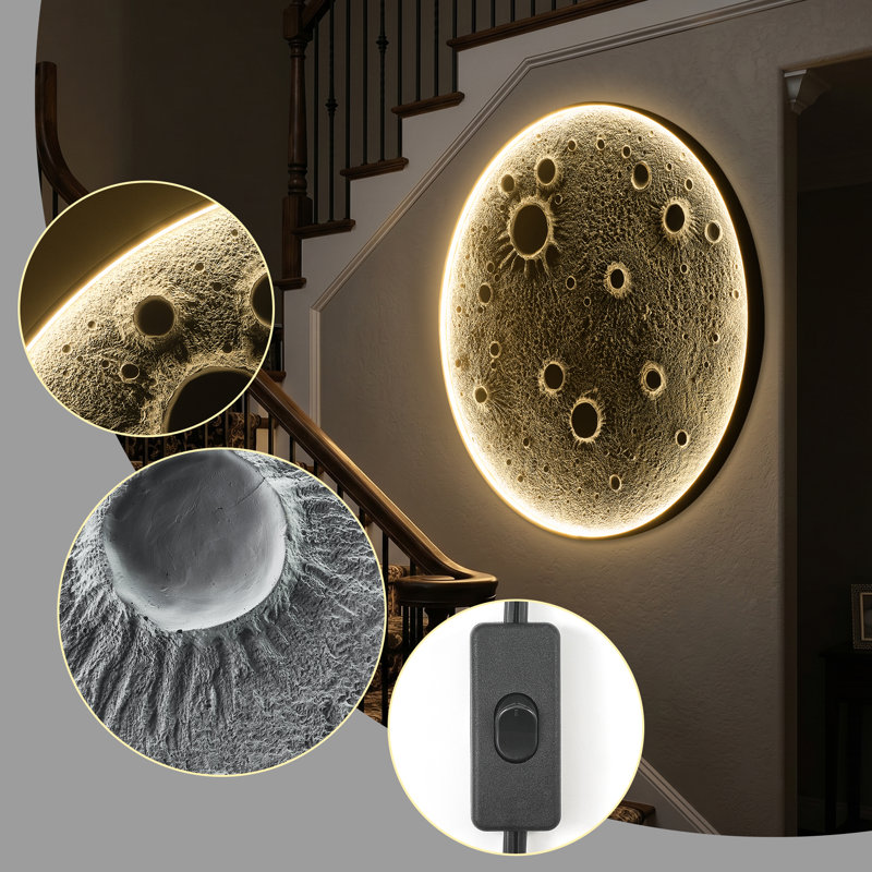 38-Inch Realistic Resin Moon Wall Light – Plug-In Dimmable LED Moon Sconce with Remote Control, 38 W Main & 15 W Night Light, Meteorite Crater Texture, 1.75″ Thick Wall-Mounted Décor for Home & Commer
