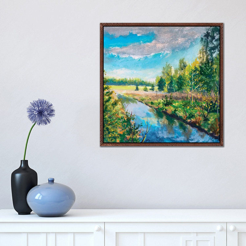 River In Spring Green Forest by Valery Rybakow - Painting on Canvas, Brown Framed Canvas, 93.98 cm H x 93.98 cm W