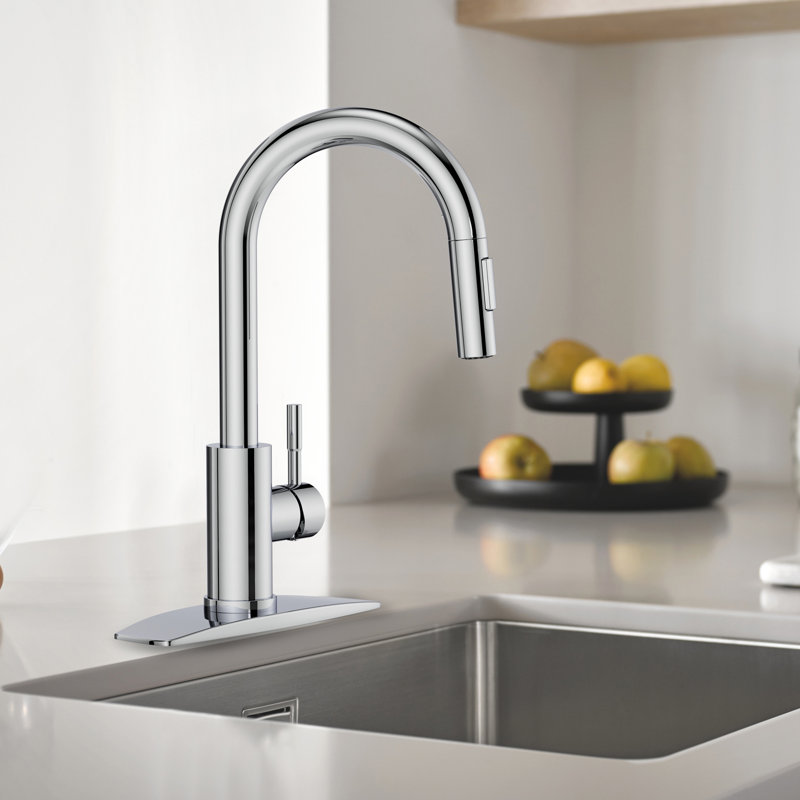 Pull Down Single Handle Kitchen Faucet With Deck Plate, Handles and Supply Lines, Chrome
