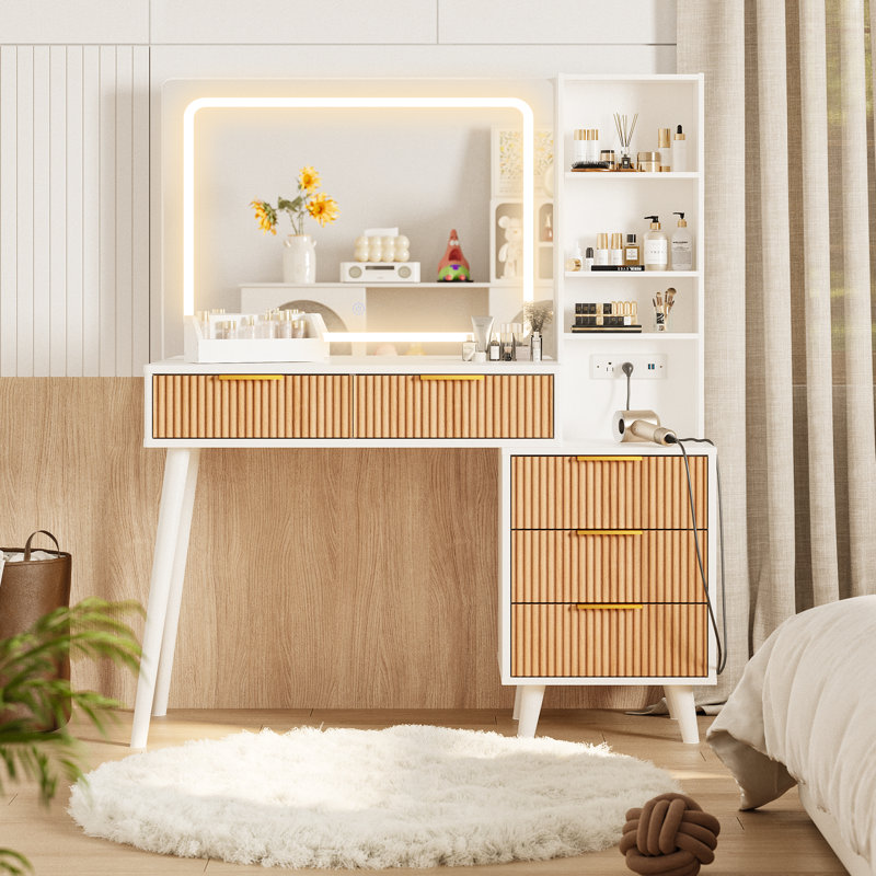 44" Vanity Desk with Mirror and Lights, Makeup Table with Fluted Storage Drawer, Cabinet, 3 LED Lights Modes, Power Outlet for Bedroom
