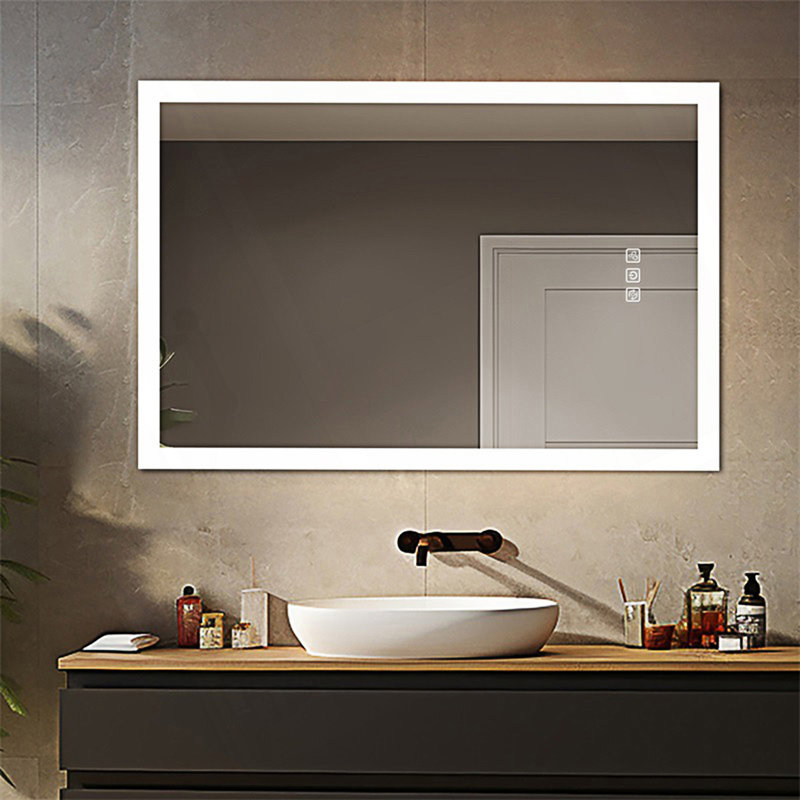 Miroir de salle de bain 48 po x 36 po, lumière latérale avant brillante, désembuage de 5 minutes, reflet pleine HD, 3 couleurs à intensité variable, fixation murale