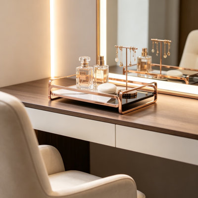 Gold Color Block Vanity Tray with Mirrored Base, 12.8 x 6.7 x 2.5 Inch Decorative Organizer for Cosmetics, Jewelry, Perfume and Accessories, Home Storage for Bathroom Bedroom or Living Room