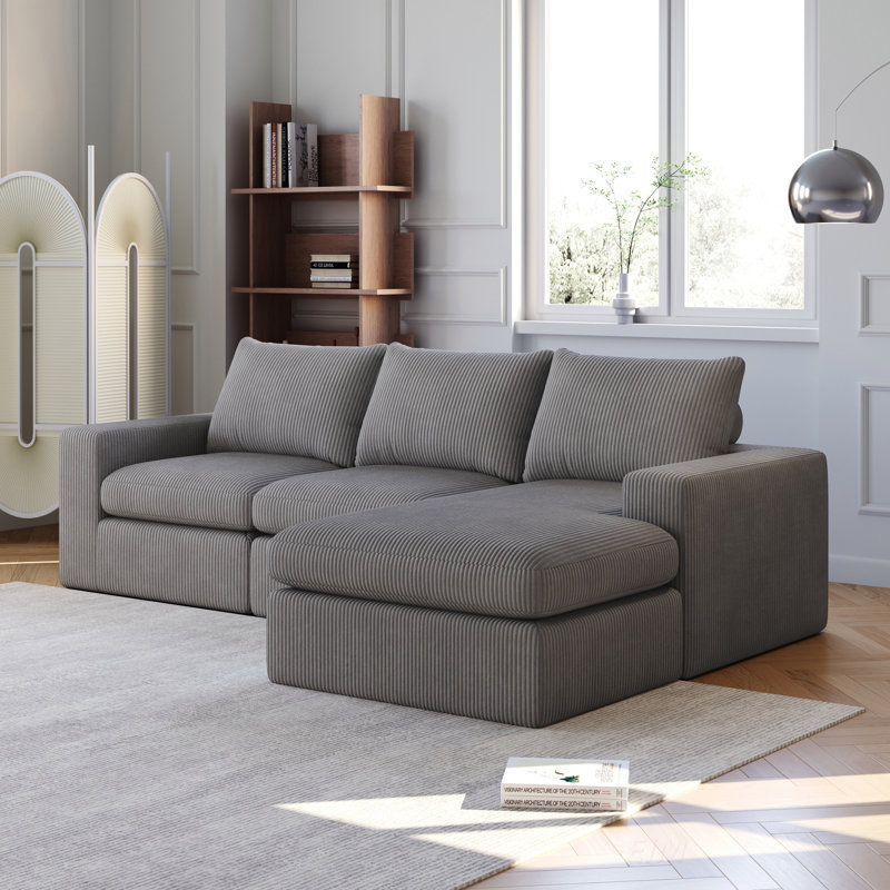 Canapé modulaire en velours côtelé avec méridienne réversible Demarco, Velours côtelé gris