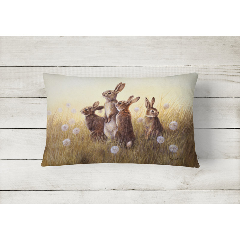  Rabbits in the Dandelions Fabric Indoor/Outdoor Throw Pillow