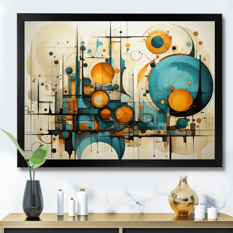 «Garick Teal Yellow Abstract Fractal Collage Melody I», reproduction sur toile, Cadre simple noir, H 24 po x l 32 po x P 1 po