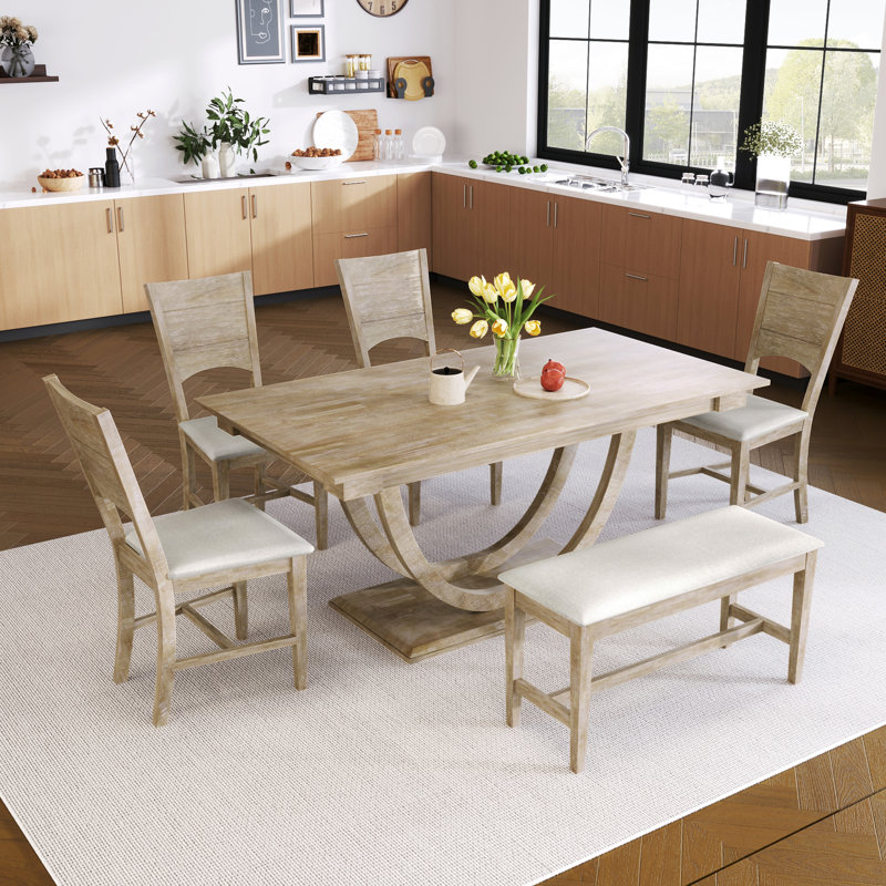 Ensemble de 6 tables de salle à manger en bois 6 pièces avec banc long et 4 chaises, style moderne, naturel