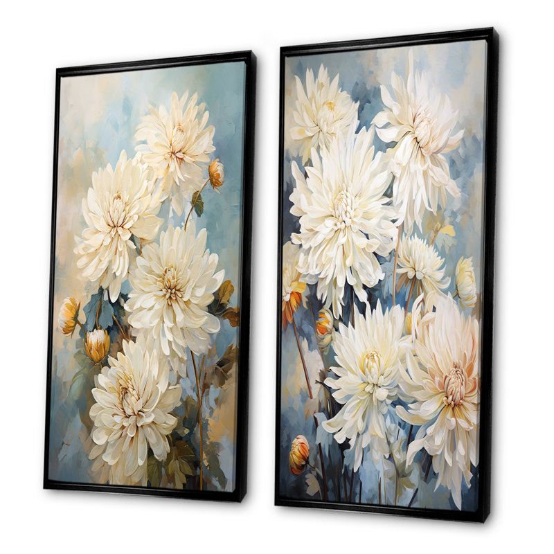 «Beige Mums In Bouquet Bliss» - Ensemble de 2 impressions sur toile de mamans, Cadre noir, H 40 po x l 41 po