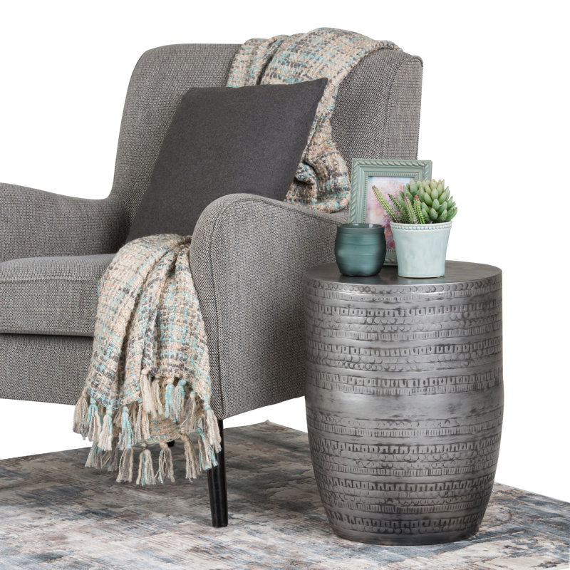 15"W Metal Boho End Table with Drum Design and Textured Finish, Assembled, Antique Silver