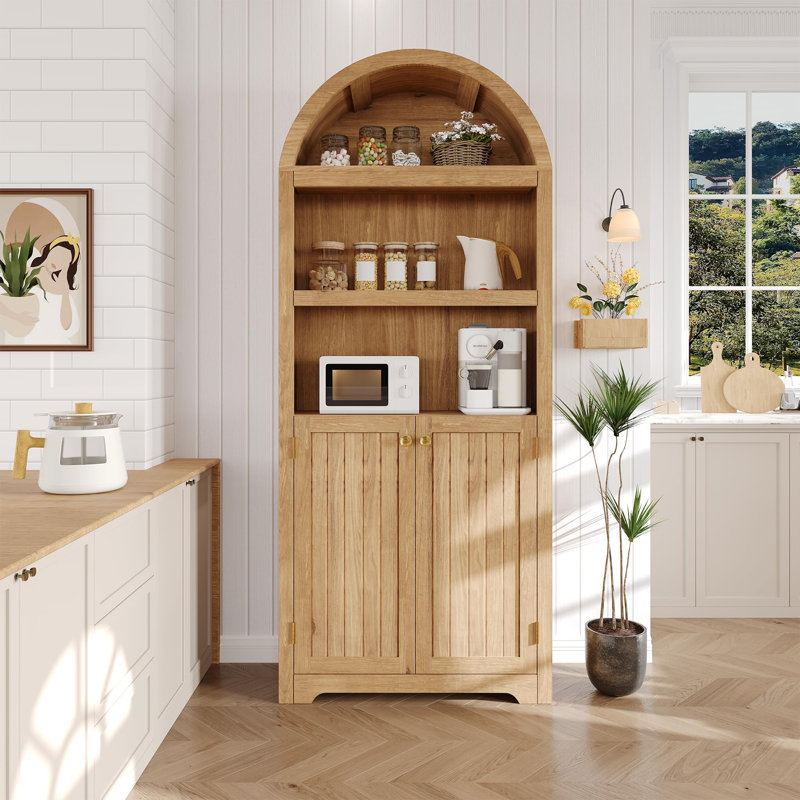 72" Modern White Arched Cabinet with Black Handles, 5-Tier Wooden Pantry Cabinet with Double Doors & Adjustable Shelf, Freestanding Bookcase for Living Room, Kitchen, Home Office