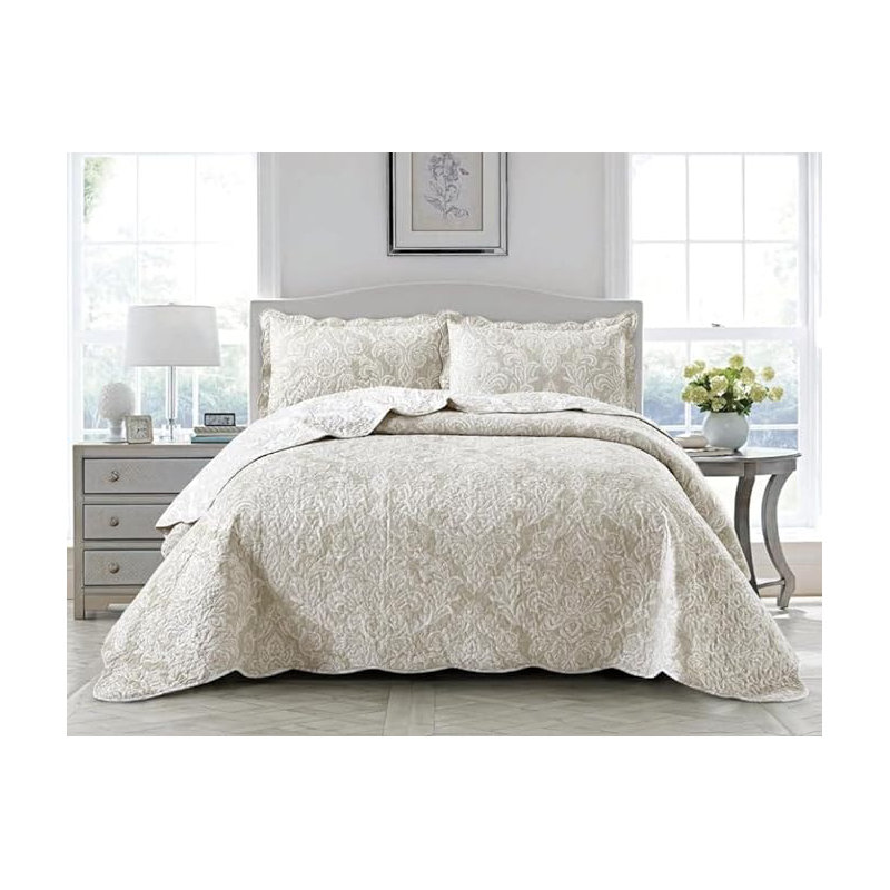 Andrena Microfiber Bedspread with Pillow Shams, Beige, Super King Bedspread + 2 Standard Pillow Shams, Damask