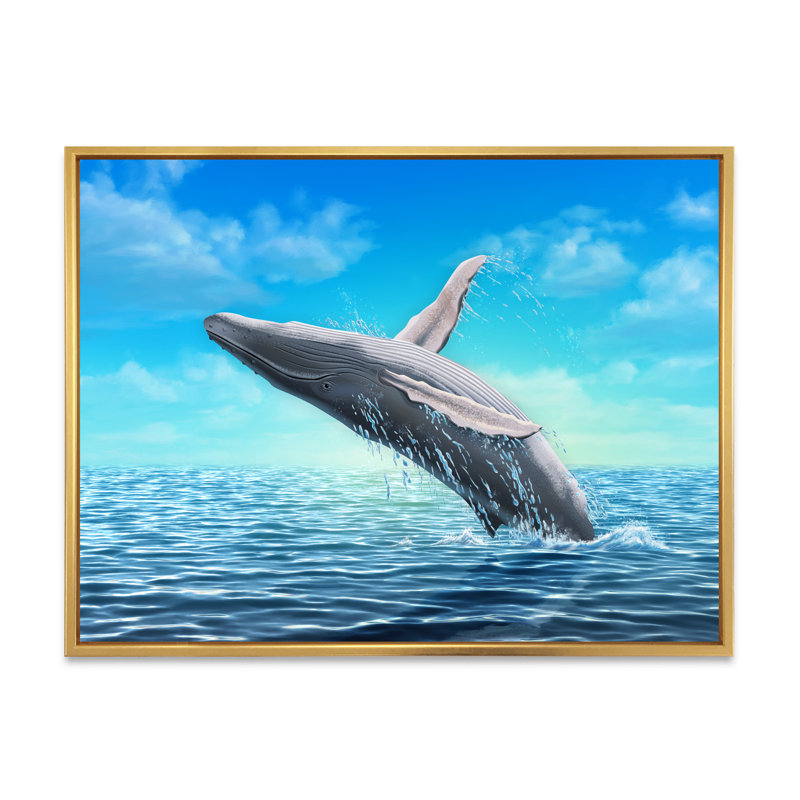 Baleine à bosse sautant - Impression sur toile, H 30 po x l 40 po x 1,5 po, Encadrement doré